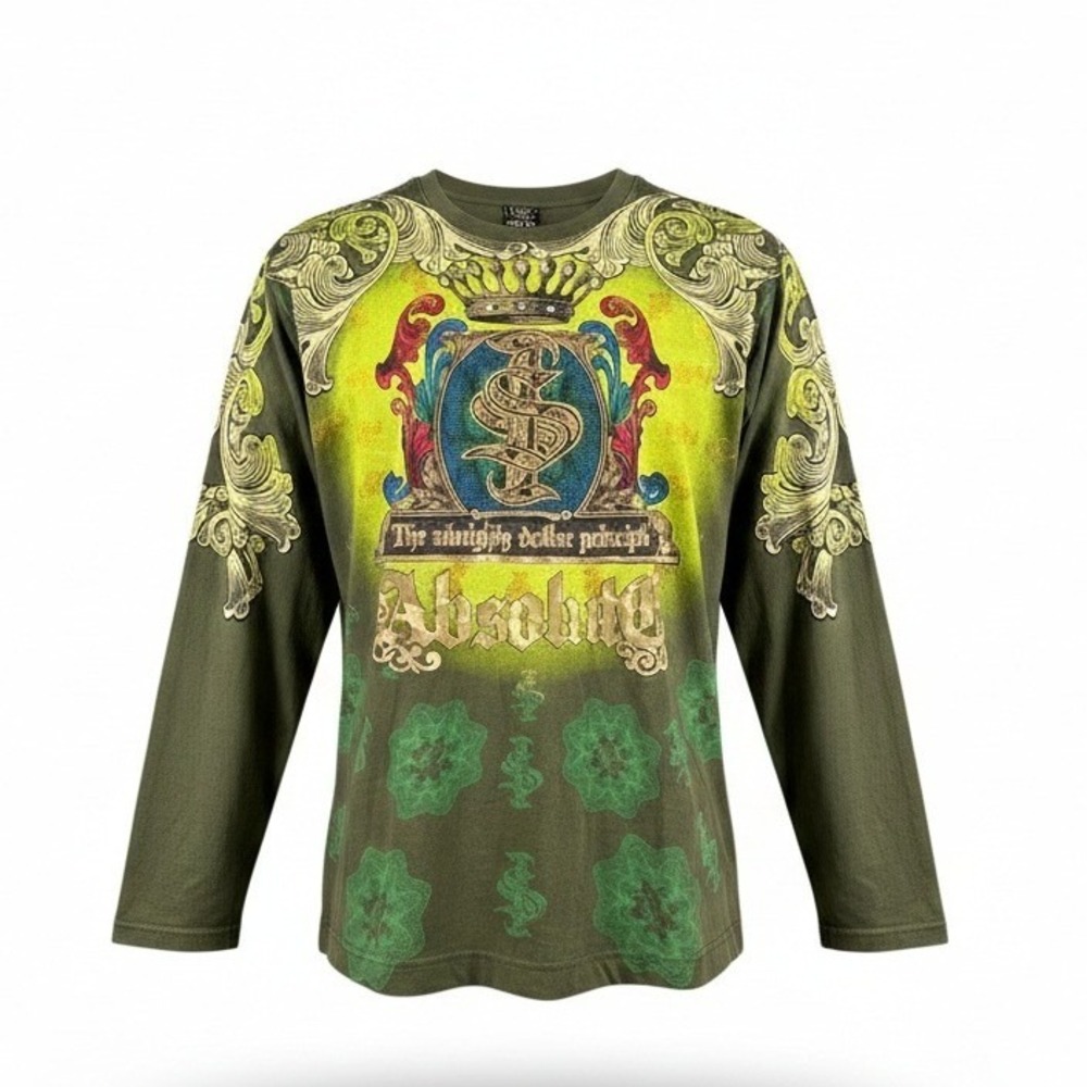 Raw Blue Men's XL Long‎ Sleeve Graphic Shirt Olive Green Y2K Almighty Dollar Tee